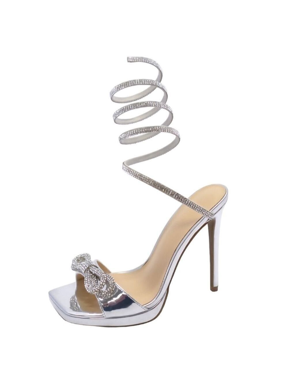 Wild Diva Lounge Rhinestone Bow Wrap Around Heels Silver Spiral leg Size 10 - Picture 6 of 6